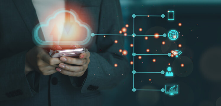 Businesswoman using smartphone connect to data information on cloud computing network. Cloud computing technology concept.
