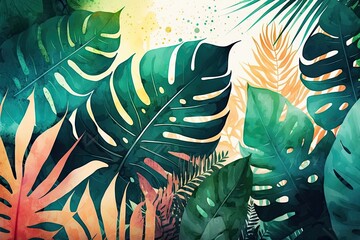 watercolor tropical leaves background (AI generated)