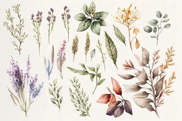 Hand Drawn Watercolor Set of Herbs Wildflowers Made with Generative AI