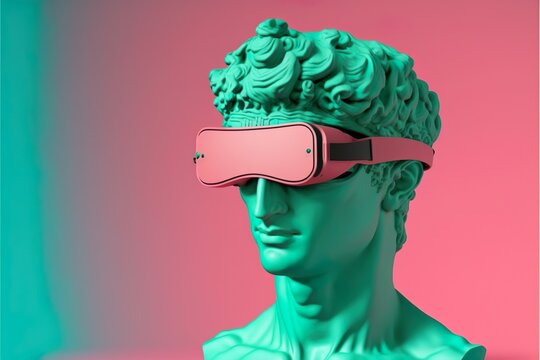 Funny sculpture head of ancient David with glasses for virtual reality.