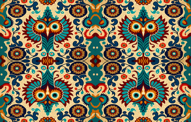 Owl bird fabric seamless pattern. Abstract fabric textile line graphic antique style. Ethnic owl vector ornate elegant luxury vintage retro design. Art owl bird print for clothing background wallpaper