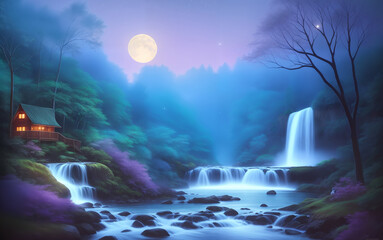 Magic night forest. Waterfall and moon
