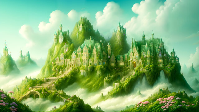 Fairytale green castle in the clouds