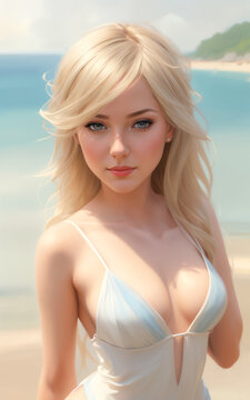 Blonde sexy woman sunbathing on the beach