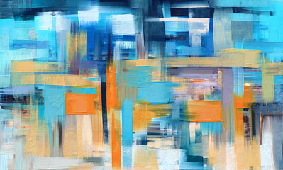 Modern azure artwork, large size painting on canvas. Oil paint art, artistic texture. Abstract grungy background with yellow, orange and teal accents