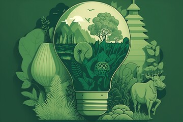 Light Bulb Against Nature Icons Green Background Made with Generative AI