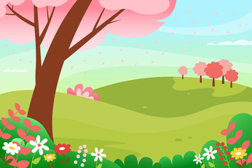 Spring morning landscape in bloom. Colorful illustration.