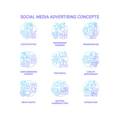 Social media advertising blue gradient concept icons set. SMM technology for business idea thin line color illustrations. Isolated symbols. Roboto-Medium, Myriad Pro-Bold fonts used
