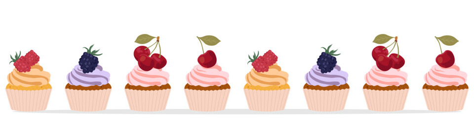 Delicious cupcake with berries. Fresh baking, for menu, cafe, bakery, logo, color. Dessert vector illustration design	
