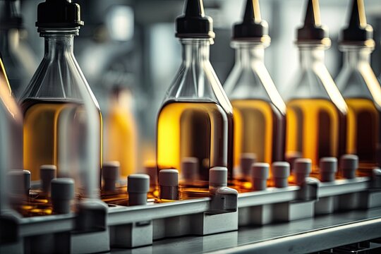 Glass bottles in production in the tray of an automatic liquid dispenser, a line for filling medicines generative ai 