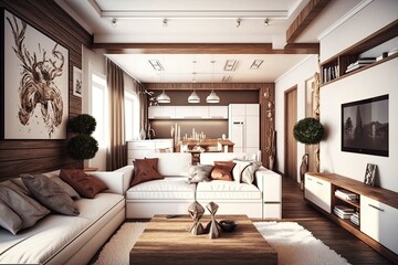 Living room interior design- white and brown colored furniture and wooden elements generative ai