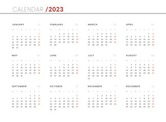 2023 Annual Calendar template. Vector layout of a wall or desk simple calendar with week start monday.