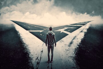 Obraz premium Man standing hesitating to make decision. Man standing on arrows painted on asphalt generative ai