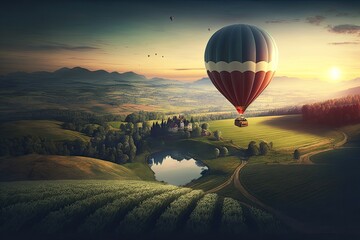 Morning flight of the hot air balloon above the countryside generative ai