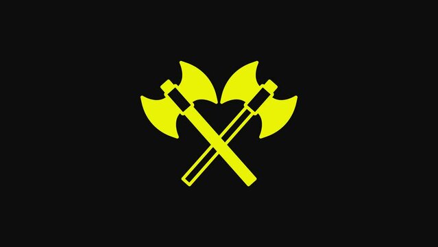 Yellow Crossed medieval axes icon isolated on black background. Battle axe, executioner axe. Medieval weapon. 4K Video motion graphic animation