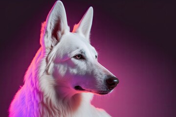 Portrait of purebred dog, White Shepherd isolated over studio background in neon gradient pink light filter generative ai