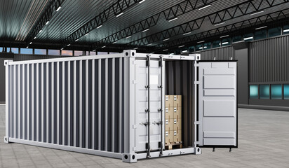 Obraz premium Shipping container in hangar. Industrial building without people. Open container is filled with boxes. Metal tare for transportation on ships. Container with parcels waiting to be unloaded. 3d image