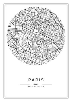 Black and white printable Paris city map, poster design, vector illistration.