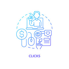 Clicks blue gradient concept icon. Tracking activity on page. Social media advertising metric abstract idea thin line illustration. Isolated outline drawing. Myriad Pro-Bold font used