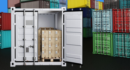 Containers on territory of sea harbor. Open container with boxes. Tare filled with boxes in open air. Pallets with parcels are loaded into container. Business trucking concept. 3d rendering.