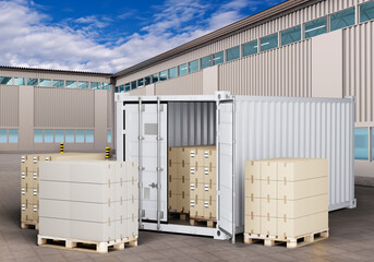 Open container with boxes. Cardboxes near cargo container and hangar. Industrial zone. Twenty-foot open-air container. White steel tare for cargo transportation. Logistic business concept. 3d image.