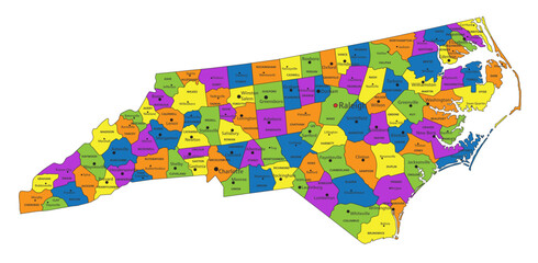 Colorful North Carolina political map with clearly labeled, separated layers. Vector illustration.