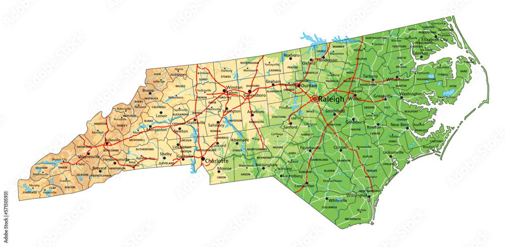 Wall mural High detailed North Carolina physical map with labeling.