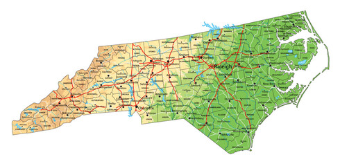 High detailed North Carolina physical map with labeling.