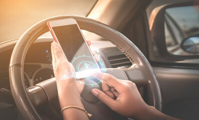 business woman using phone, technology concept, smart phone, social media while in car, social network concept with smartphone - image