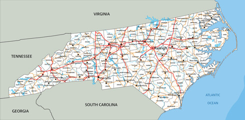 High detailed North Carolina road map with labeling.