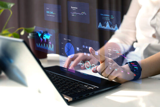 Business finance data analytics graph.Financial management technology.Advisor using KPI Dashboard on virtual screen.