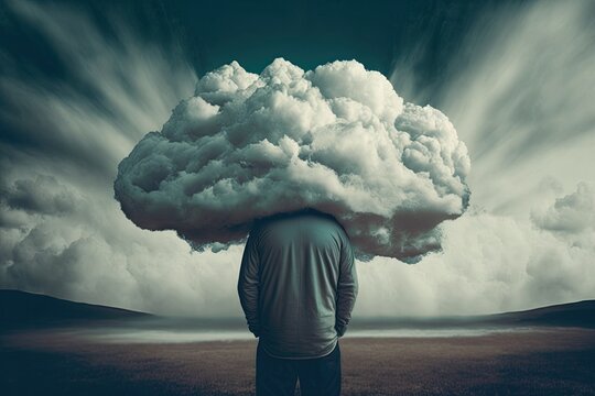 A Mental Health Concept. Of A Man With His Head In His Hands Vanishing Into Clouds Generative Ai