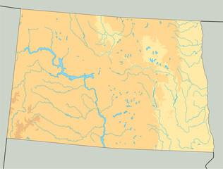 Highly detailed North Dakota physical map.