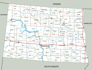 High detailed North Dakota road map with labeling.