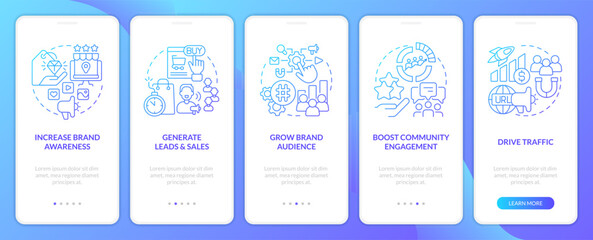 Social media advertising goals blue gradient onboarding mobile app screen. SMM walkthrough 5 steps graphic instructions with linear concepts. UI, UX, GUI template. Myriad Pro-Bold, Regular fonts used