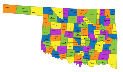 Colorful Oklahoma political map with clearly labeled, separated layers. Vector illustration.