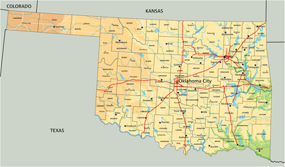 High detailed Oklahoma physical map with labeling.