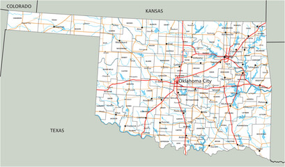 High detailed Oklahoma road map with labeling.