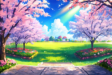 spring landscape with blooming trees, cherry blossom