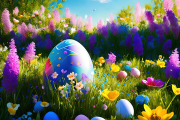 easter eggs in grass meadow