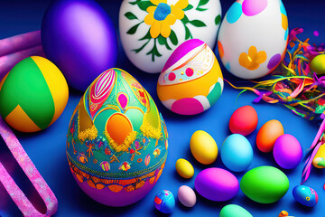 easter eggs on blue background