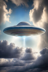 Fototapeta na wymiar flying saucer shaped ufo, in the blue sky with clouds, Generative ai