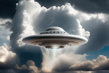 Naklejka na ściany i meble flying saucer shaped ufo, in the blue sky with clouds, Generative ai
