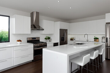 A modern kitchen with sleek stainless steel appliances, minimalist design, clean lines, soft lighting, and a serene atmosphere