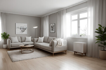 A minimalist living room with simple furniture, neutral colors, and soft lighting, emphasizing a calm, peaceful mood-up