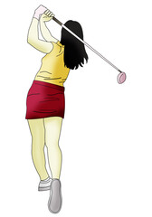 A asian lady playing golf, illustration, isolated on transparent background 	