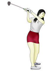 A asian lady playing golf, illustration, isolated on transparent background 	