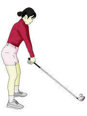 Fototapeta na wymiar A asian lady playing golf, illustration, isolated on transparent background 