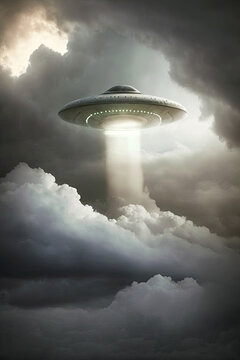 flying saucer shaped ufo, in the blue sky with clouds, Generative ai