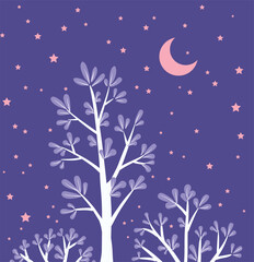 dreamy night with moon purple baby kids feeling sleeping calming floral trees pattern abstract background for card blanket curtain